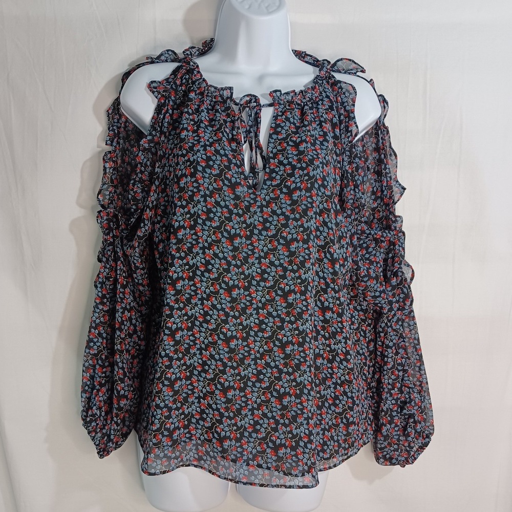 Women's Long Sleeve Cold Shoulder Slit‎ Sheer with Lining V-Neck Floral Size Sm